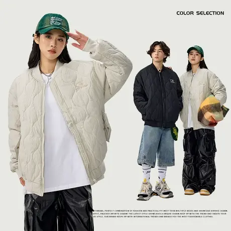 美式保暖棒球领棉衣男士2024年冬季新款女潮流菱形格宽松休闲棉服图片