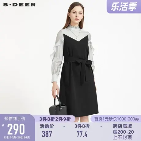 sdeer圣迪奥女装春秋装复古木耳边撞色抹胸拼接连衣裙S21161205商品大图