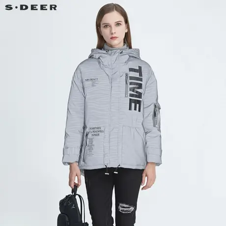 sdeer圣迪奥冬季高领连帽字母反光时尚短款保暖羽绒服女S20482425商品大图