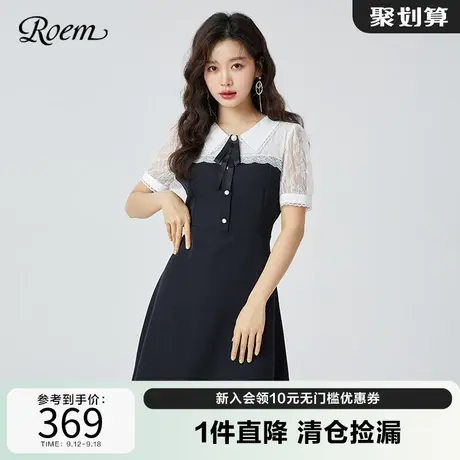 Roem韩版蕾丝拼接连衣裙春秋款时尚新款气质淑女小黑裙RCOWC6407B图片