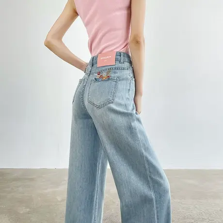 莱赛尔天丝棉刺绣牛仔裤女夏季薄款高腰直筒宽松显瘦绣花阔腿裤子图片