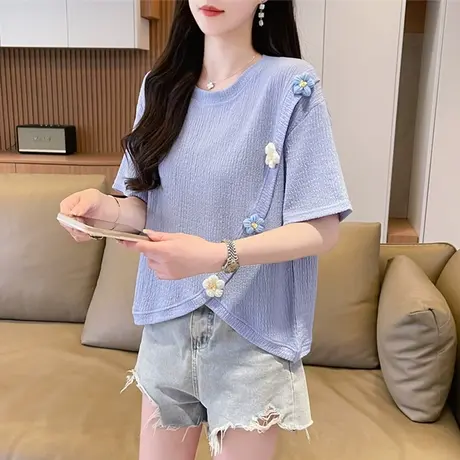 设计感小众小个子短袖t恤女夏季韩版宽松大码女装不规则开叉上衣商品大图