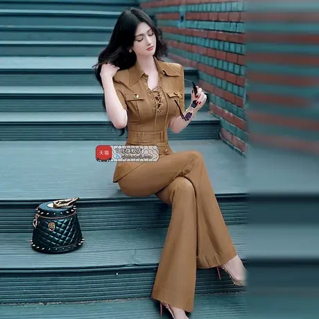 VJE夏季仿牛仔多口袋套装新款气质短袖上衣高腰喇叭裤两件套商品大图