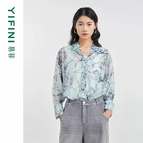 [专柜同款]Yifini/易菲天丝仿艺术印花轻薄款宽松衬衫女D04C1007商品大图