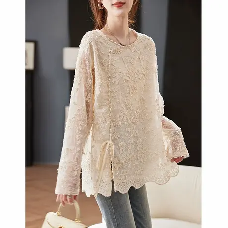 宝诗黎钉珠拼接刺绣雪纺衫女2025春季气质宽松休闲百搭亮片衬衣商品大图