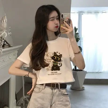 新款夏季猫咪印花正肩短袖t恤女设计感小众修身辣妹短款洋气上衣商品大图