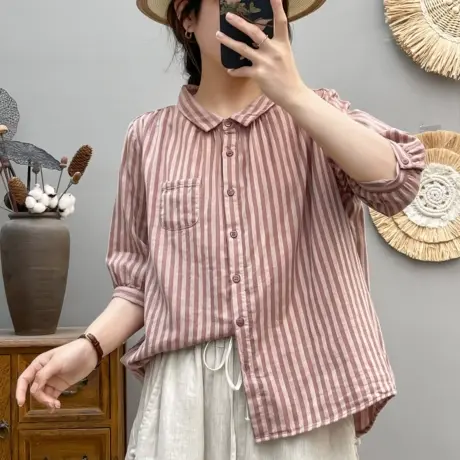 夏季文艺小清新条纹双层棉纱中袖白衬衫女宽松休闲五分袖上衣百搭商品大图