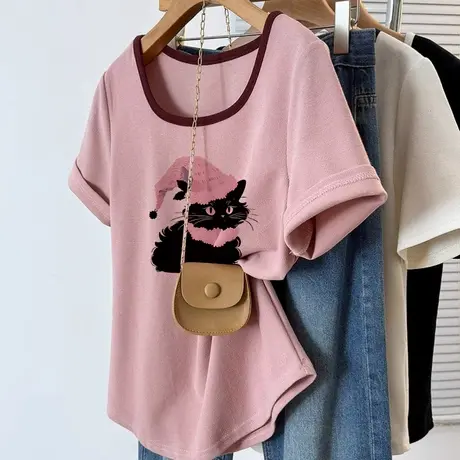 超火大码短袖t恤女oversize设计感超好看正肩显瘦独特胖mm上衣ins商品大图