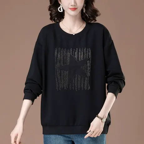 妈妈春秋薄款卫衣宽松加肥加大码女装中老年休闲烫钻显瘦长袖上衣商品大图