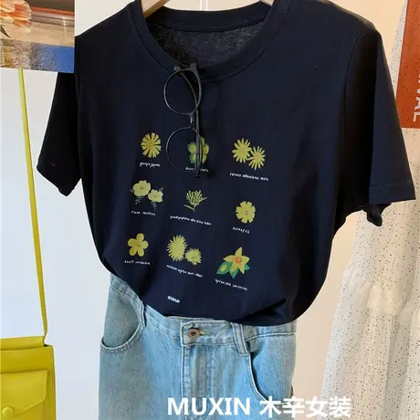 九宫格小黄花夏季轻薄款柔软小清新女式正肩微宽松短袖T恤衫商品大图