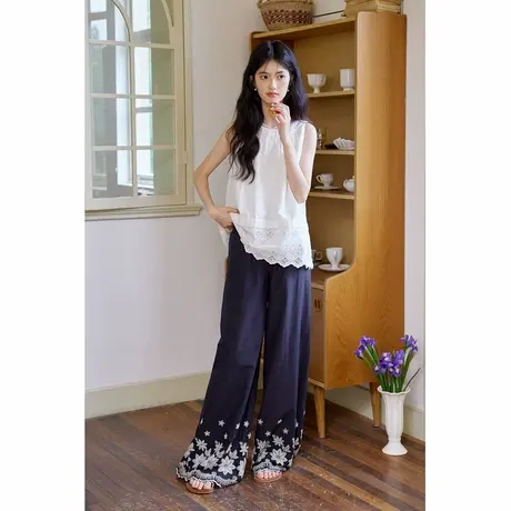 弥古蓝色阔腿裤女民族风度假裤子薄款夏季高级感刺绣长裤2025新款图片