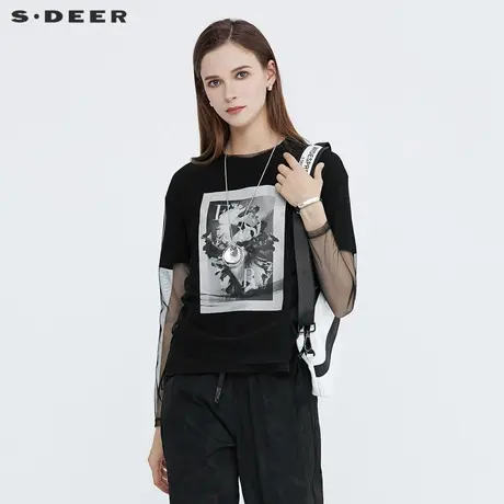 sdeer圣迪奥女装夏季显瘦圆领网纱字母印花长袖t恤女S21280204图片