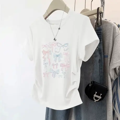 KMV真维斯白色短袖t恤女2025夏季新款显瘦正肩修身短款抽褶体恤潮商品大图