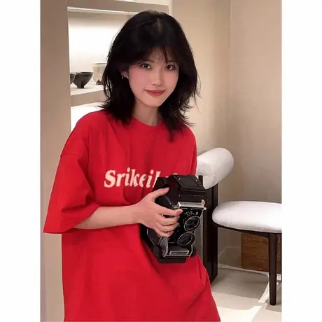美式复古重磅红色短袖女夏季纯棉t恤oversize潮牌宽松半袖上衣ins商品大图