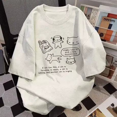 美式复古卡通纯棉印花短袖t恤女白灰色宽松情侣百搭重磅上衣服潮商品大图