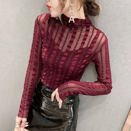半高领打底衫女春秋时尚加绒T恤女长袖性感透视上衣洋气网纱小衫商品大图