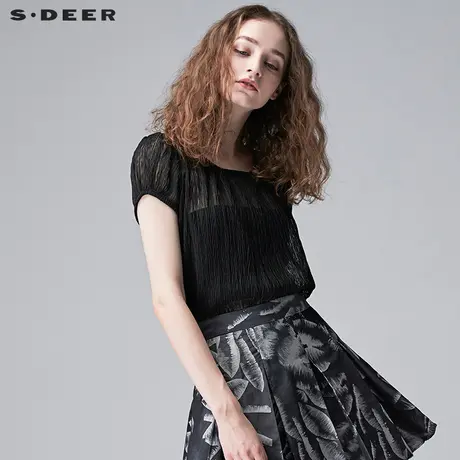 sdeer圣迪奥2019女夏装网眼纯色圆领灯笼袖宽松上衣S17280145图片
