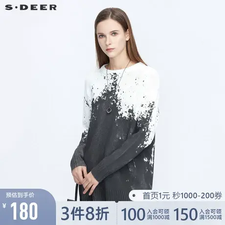 sdeer圣迪奥春秋装休闲圆领泼墨印花长袖针织衫毛衣女S21183514图片