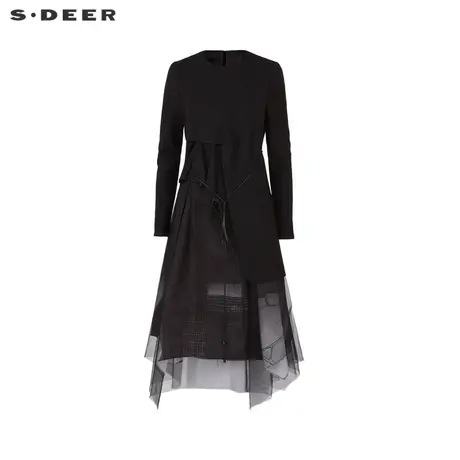 sdeer圣迪奥女装2022春装新品圆领收腰网纱不规则连衣裙S221Z1213图片