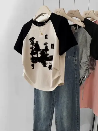 2024年新款夏季别致正肩T恤女港味chic印花短袖ins潮撞色短款上衣商品大图