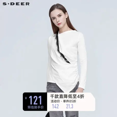 sdeer圣迪奥春装不规则领拼接撞色印花长袖棉质T恤女S21180204图片