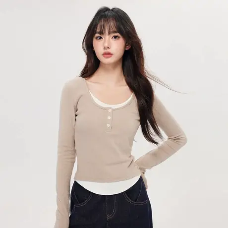 尔给秋季长袖短款设计感假两件打底衫女显瘦时尚百搭修身小众上衣商品大图