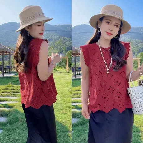 韩系镂空钩花蕾丝无袖衬衫女夏季2025新款宽松显瘦百搭小衫上衣潮图片