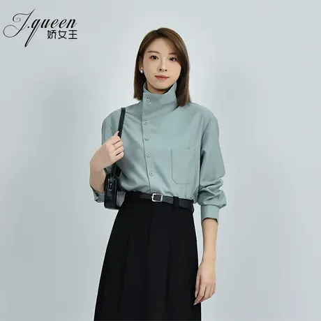 蓝色衬衫女长袖2024秋季新款小众设计感斜扣立领衬衣简约宽松上衣商品大图