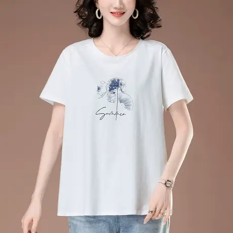 短袖t恤女夏季新款加大码女装宽松中年妈妈纯棉印花休闲半袖体恤图片