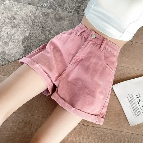 脏粉色牛仔短裤女夏季薄款高腰宽松显瘦a字卷边四分阔腿辣妹热裤商品大图