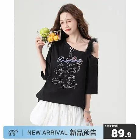 唐狮2025年夏季新款短袖T恤女黑色猫咪印花斜肩休闲甜辣上衣潮商品大图