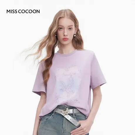 MISSCOCOON可可尼紫色蝴蝶绣花短袖女2025秋季新款宽松纯棉T恤商品大图