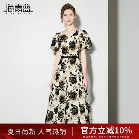 海青蓝 泡泡袖连衣裙夏女2025新款女装中长款时尚气质休闲度假裙商品大图