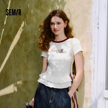 森马短袖T恤女印花撞色修身小众2025新款夏季甜美荷叶边上衣俏皮图片
