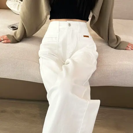 白色窄版阔腿牛仔裤女2025春秋新款高腰显瘦百搭直筒休闲拖地裤子商品大图