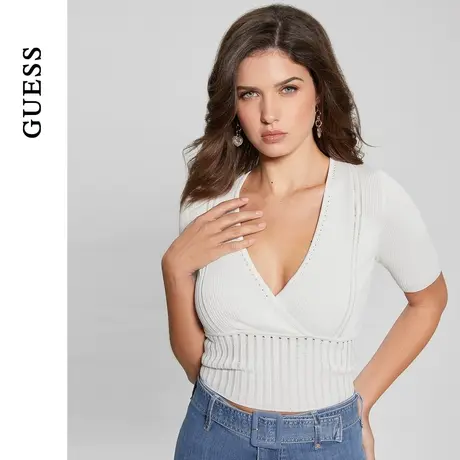 GUESS女士破洞交叉领深V修身短袖针织衫-W3GR17Z2U00商品大图