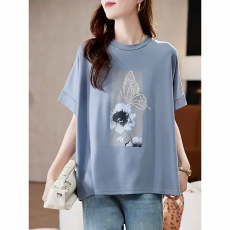 宝诗黎蝙蝠袖烫钻印花T恤2025夏季时尚宽松休闲简约大码短袖女装商品大图