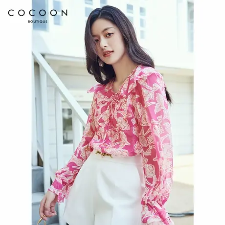 100%桑蚕丝 商场同款可可尼COCOON印花衬衫新款夏季荷叶边雪纺衫图片