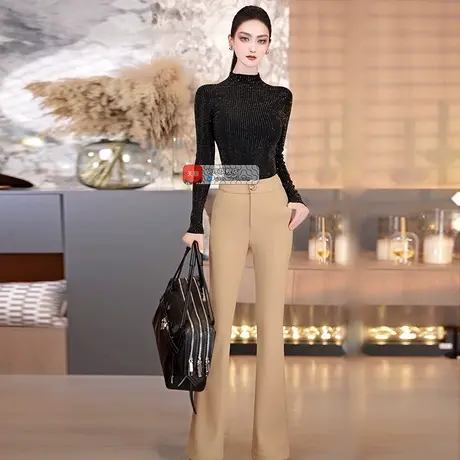 VJE冬季修身显瘦通勤职业长裤新款高腰垂顺直筒微喇叭裤商品大图