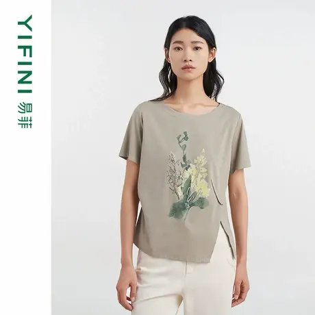 [专柜同款]Yifini/易菲索罗娜棉凉感印花绣花宽松T恤女D04Z1003商品大图