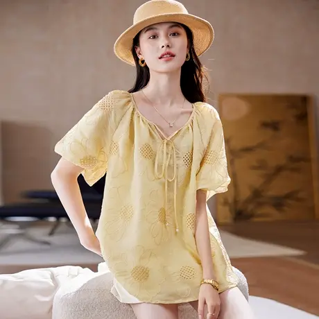 宝诗黎V领系带刺绣短袖衬衫女2025夏季洋气百搭宽松气质时尚衬衣商品大图