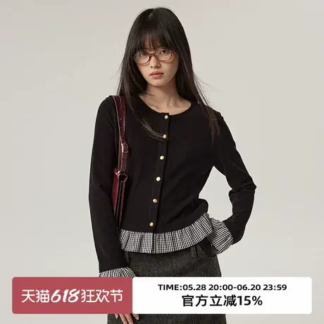 omont蛋挞家 复古假两件荷叶边长袖T恤春秋季圆领设计感磨毛上衣商品大图