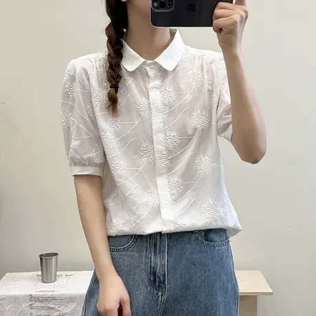 2025夏季新款温柔小个子甜美刺绣蕾丝纯棉白衬衫女短袖宽松上衣潮商品大图