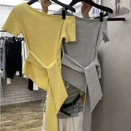 不规则绑带收腰设计感短袖T恤女夏季韩版修身斜领露肩短袖上衣潮商品大图