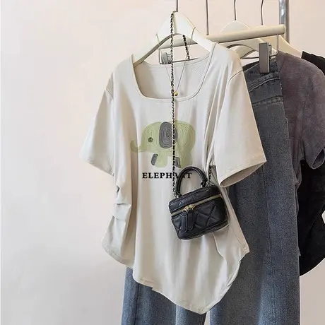 短袖女宽松韩版潮oversize方领T恤夏季宽松chic初夏胖mm上衣ins潮商品大图