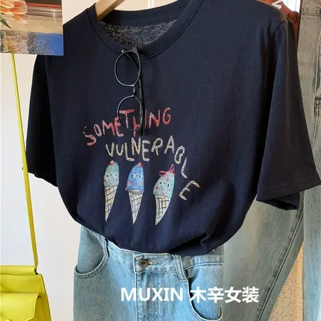 卡通冰淇淋字母印花薄款夏季宽松简约时尚女式短袖T恤衫可爱百搭商品大图