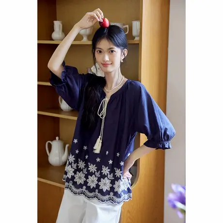 弥古民族风宽松泡泡袖衬衣女2025夏季新款高级感短袖蓝色度假上衣商品大图