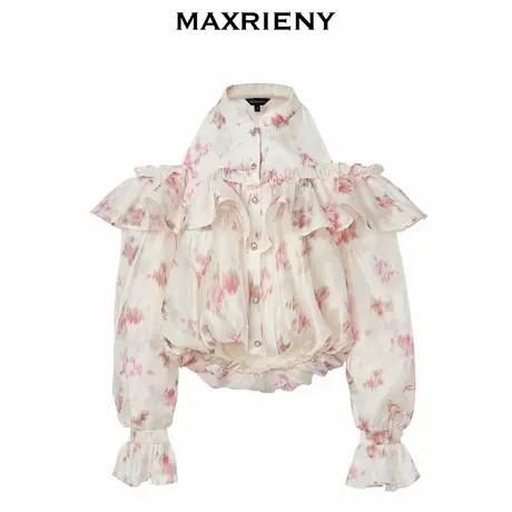 【奥莱】MAXRIENY甜美晕染印花挂脖荷叶边长袖上衣商品大图