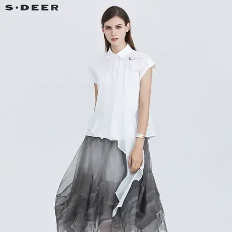 sdeer圣迪奥女夏季翻领雪纺拼接设计白色衬衫S21280607图片