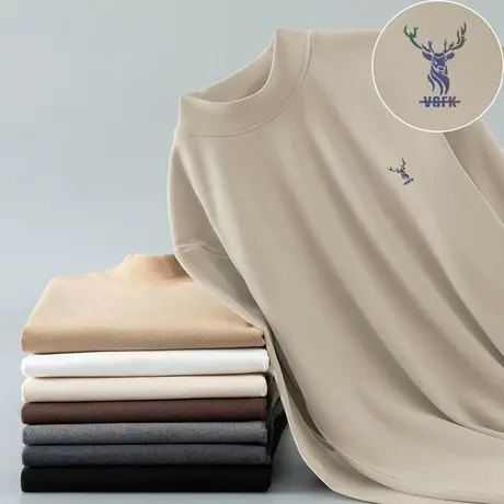 双面德绒t恤男士长袖秋冬半高领内搭打底衫鹿头印花保暖中领秋衣商品大图